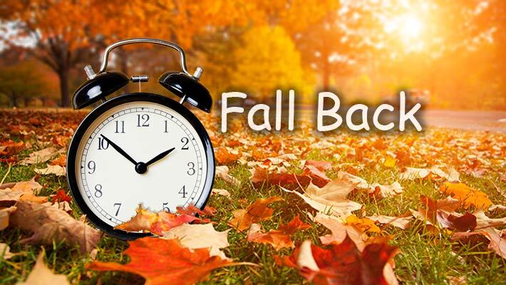 Alarm clock surrounded by leaves with the text, Fall Back.