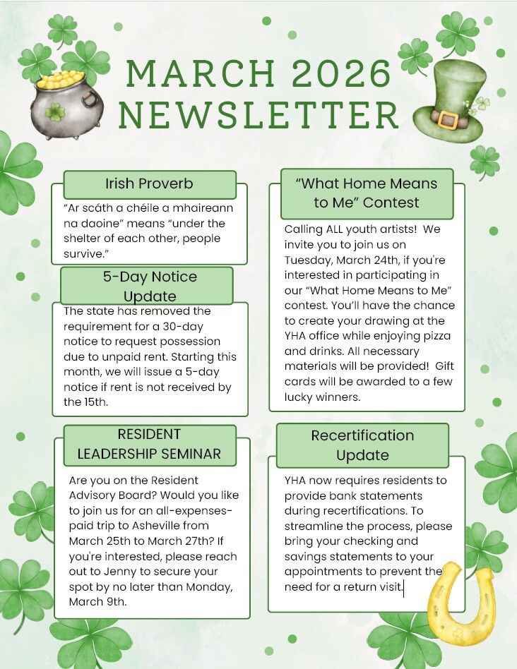 March 2026 Newsletter. All information from this newsletter is listed below.