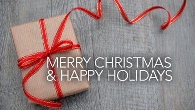 Wrapped gift with "Merry Christmas and Happy Holidays" message.