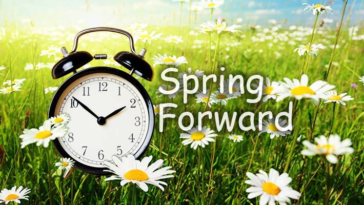 Spring Forward. An alarm clock in a field of daisies.